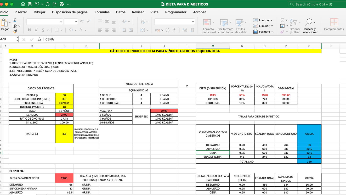 🧒🥗 Plantilla Excel: DIETA PARA NIÑOS DIABÉTICOS